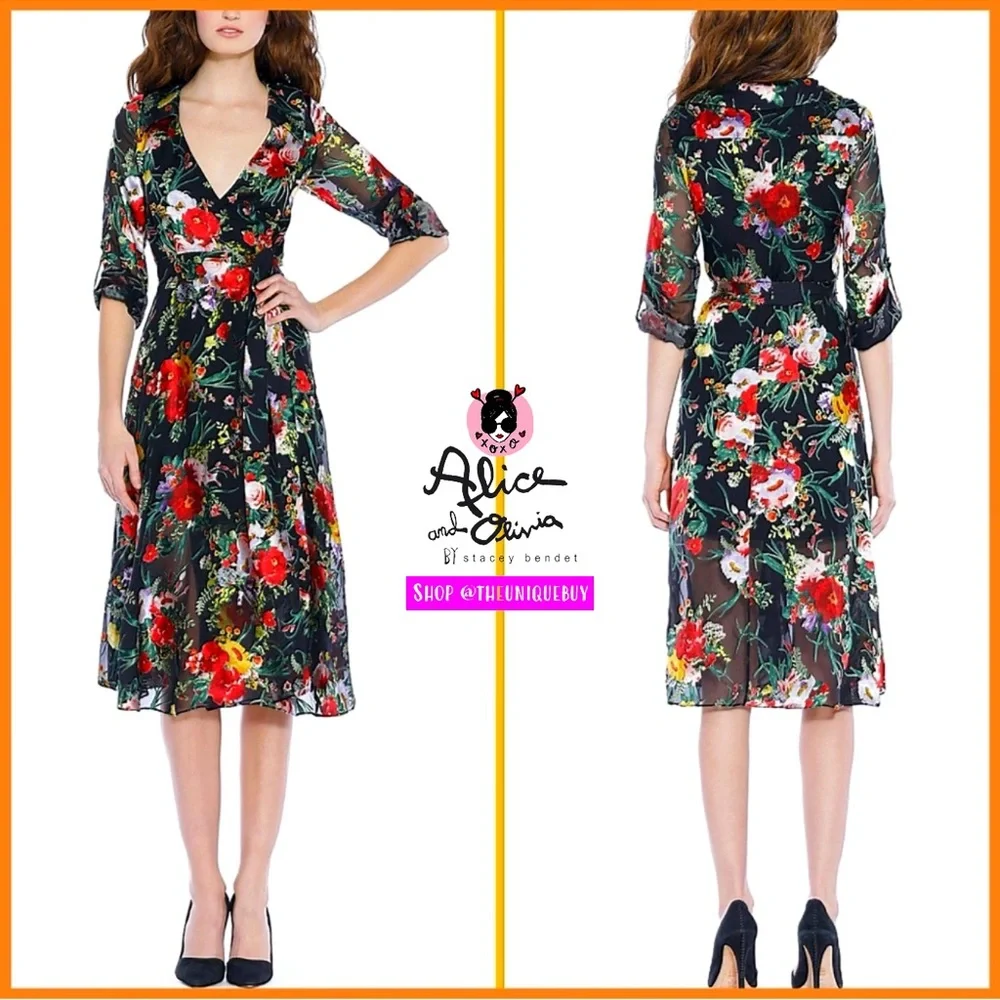Alice + Olivia Abney Floral Black Red Collared Midi Dress - Picture 5 of 16